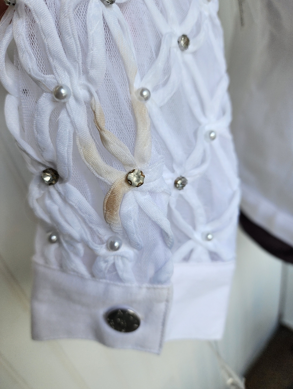 NWT AZI "Renee" White Denim JacketLace Sheer Sleeves Stretch Sz M - Picture 9 of 16